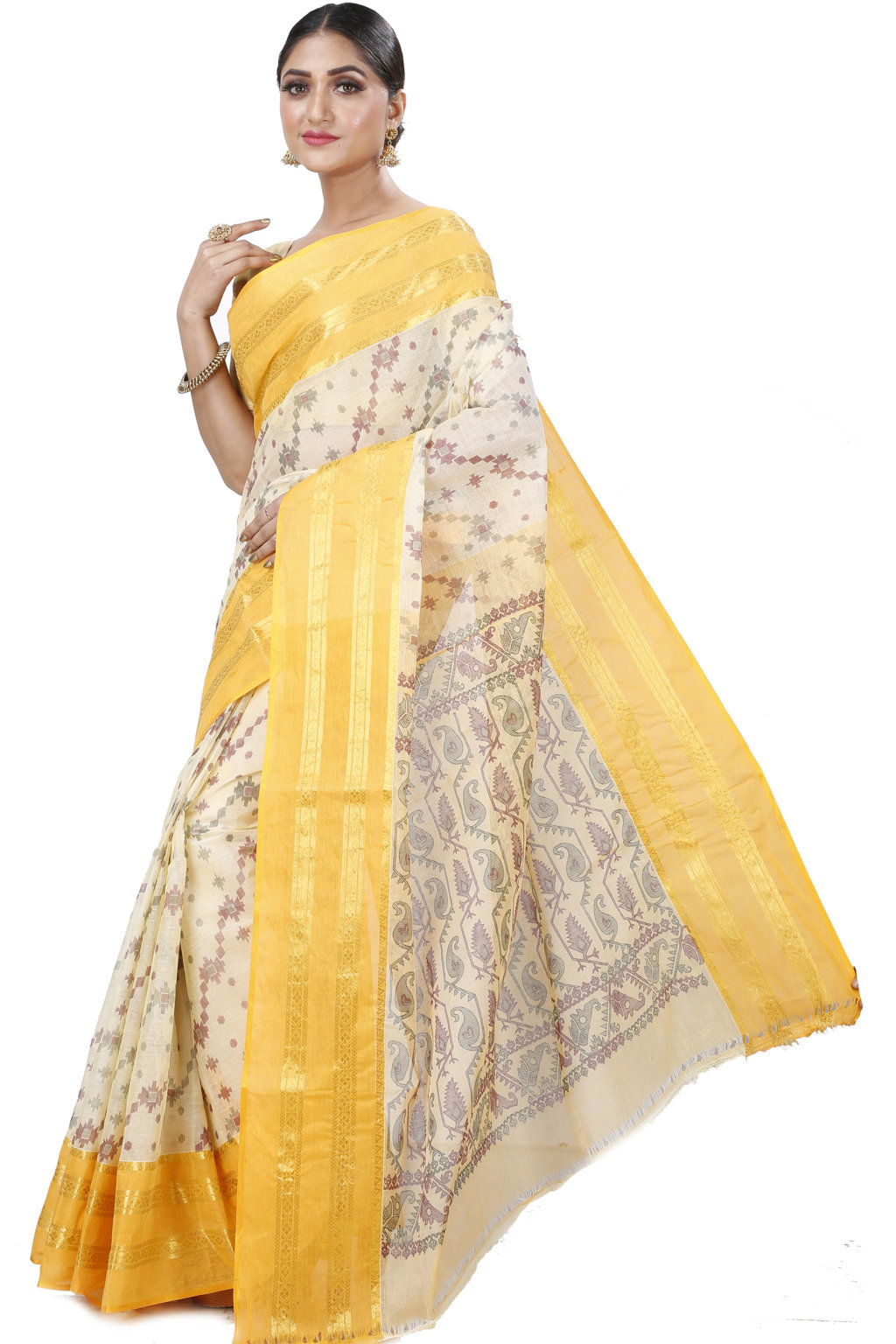Yellow Pure Cotton Rashi Print Tant Saree Print (1014)